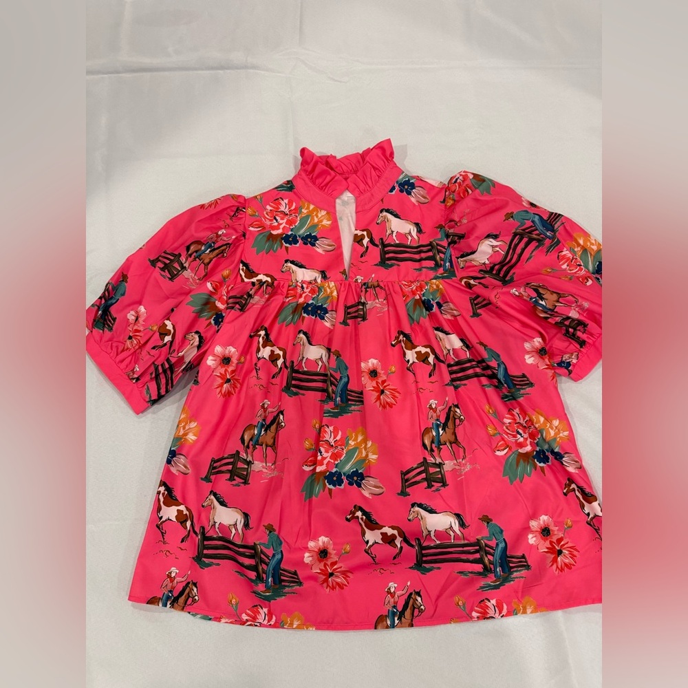 Bright Pink Floral & Horse Blousy Top